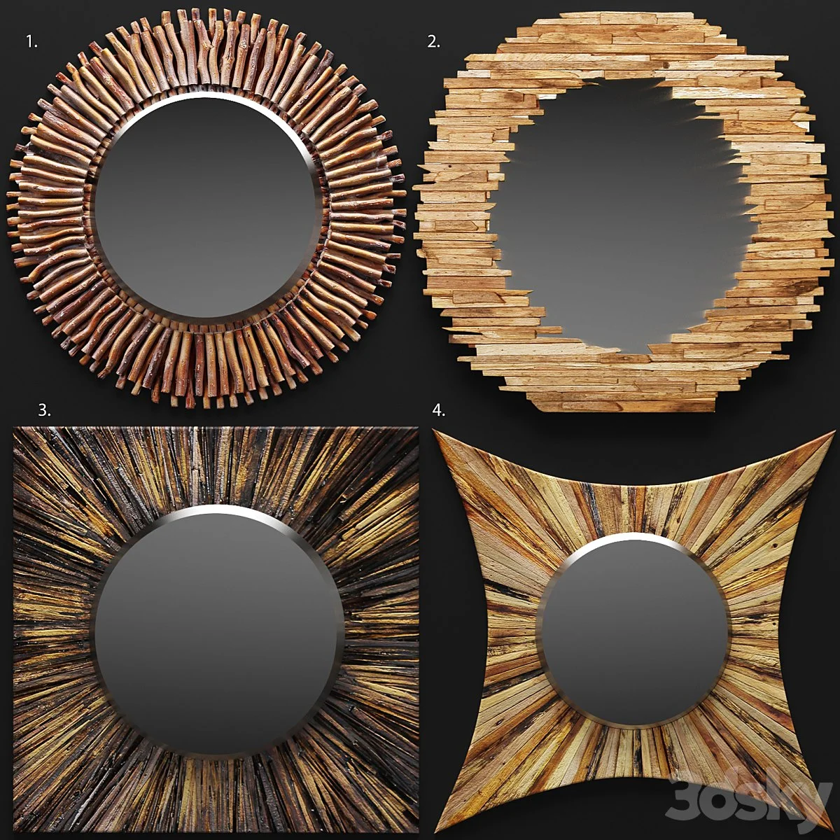 A set of mirrors tree. round, wooden, eco style, design